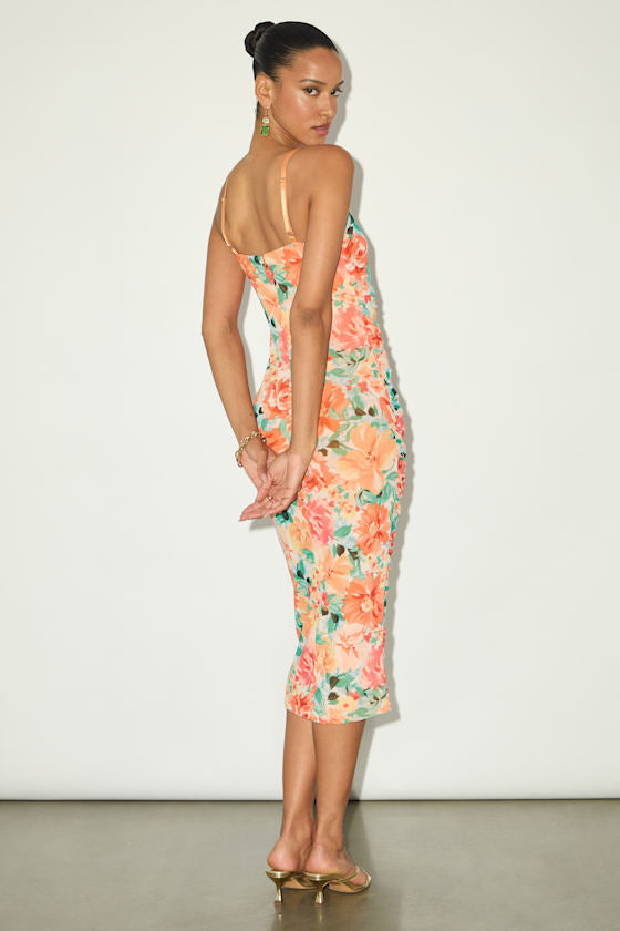 Date Night Beauty Orange Floral Print Mesh Ruched Midi Dress