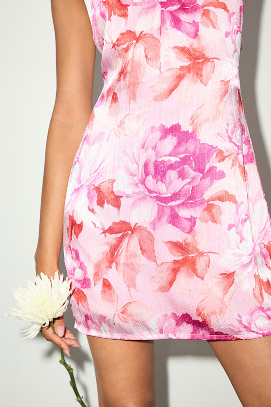 Beyond Classy Pink Multi Floral Print Satin Halter Mini Dress