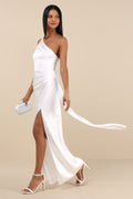 Signature Elegance White Satin One-Shoulder Maxi Dress