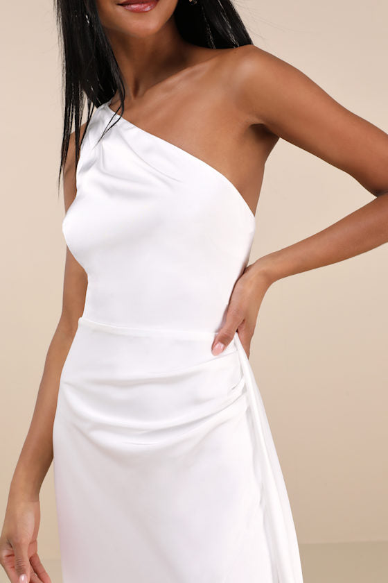 Signature Elegance White Satin One-Shoulder Maxi Dress