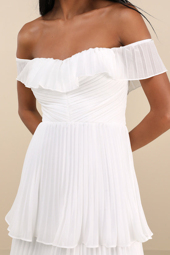 Always Remarkable White Pleated Off-the-Shoulder Maxi Dress
