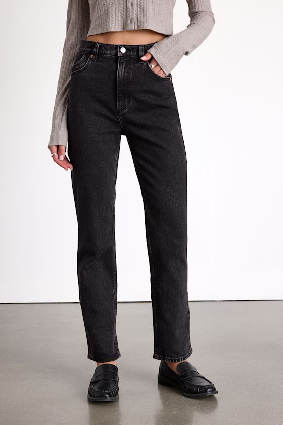 Loulou Washed Black High-Rise Straight Leg Jeans