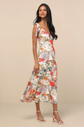 Simply Blissful Ivory Multi Floral Tie-Strap A-Line Midi Dress