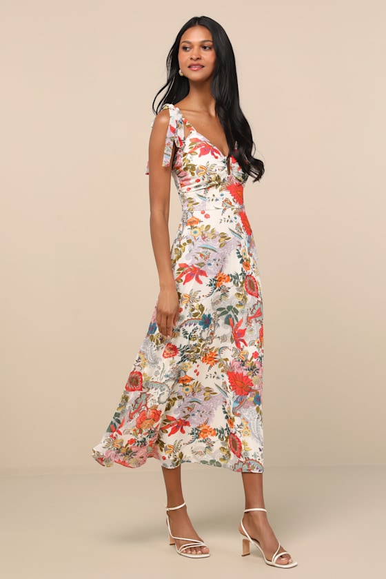 Simply Blissful Ivory Multi Floral Tie-Strap A-Line Midi Dress