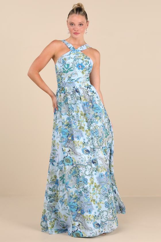 Lilja Light Blue Floral Print Maxi Dress