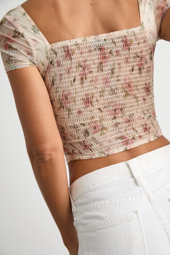Sweeter Vibes Cream Floral Mesh Short Sleeve Bustier Crop Top