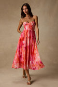Aysel Coral Pink Abstract Strapless Bustier Midi Dress