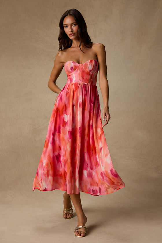 Aysel Coral Pink Abstract Strapless Bustier Midi Dress