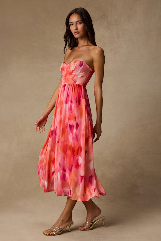 Aysel Coral Pink Abstract Strapless Bustier Midi Dress