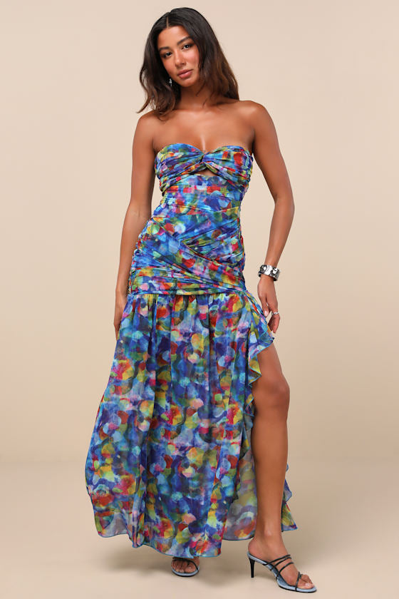 Jeniah Blue Multi Abstract Print Drop Waist Maxi Dress