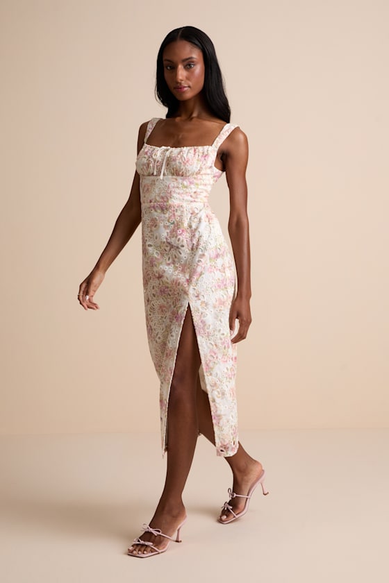 Andrea White Floral Embroidered Column Midi Dress