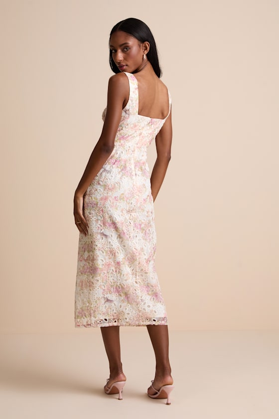 Andrea White Floral Embroidered Column Midi Dress