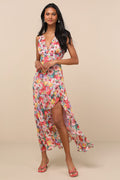 Laraline Red Multi Floral Ruffled Cowl Back Maxi Dress
