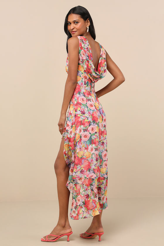 Laraline Red Multi Floral Ruffled Cowl Back Maxi Dress