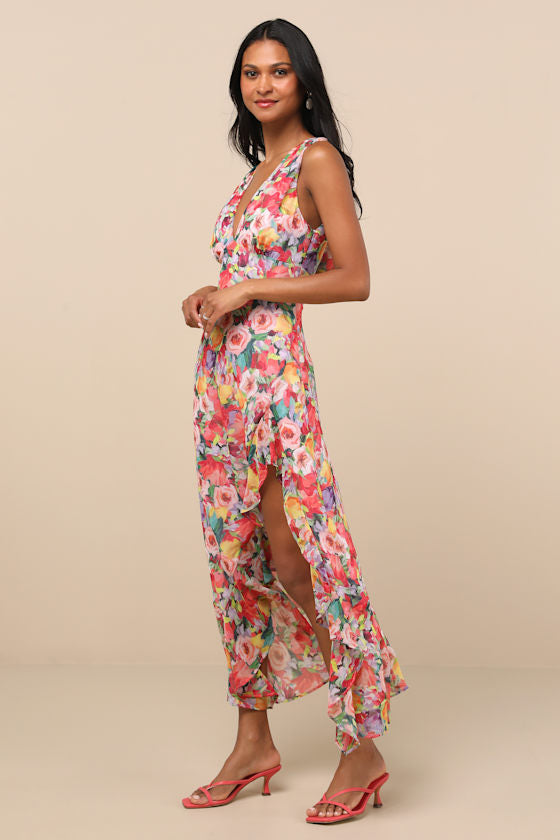 Laraline Red Multi Floral Ruffled Cowl Back Maxi Dress