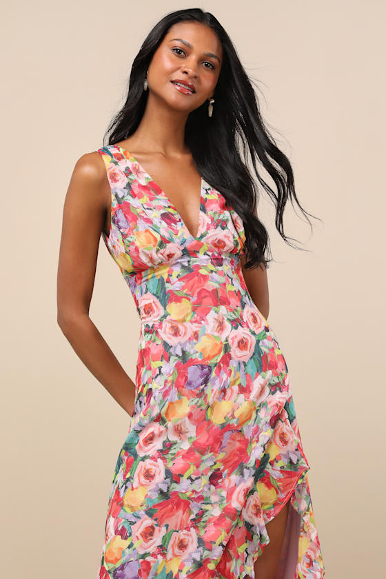 Laraline Red Multi Floral Ruffled Cowl Back Maxi Dress
