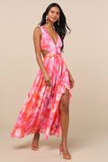Elisanna Pink Multi Floral Lace-Up Midi Dress
