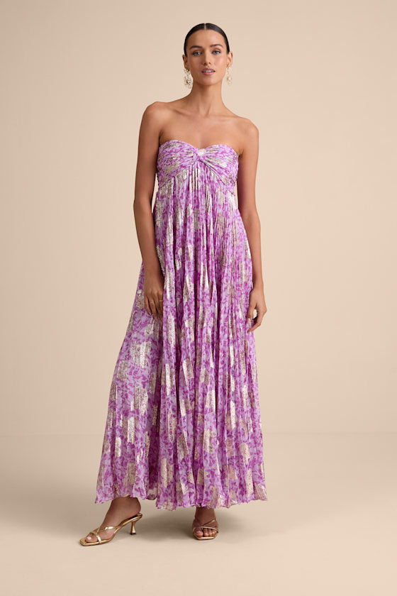 Lynwen Light Purple Abstract Pleated Strapless Maxi Dress