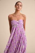 Lynwen Light Purple Abstract Pleated Strapless Maxi Dress