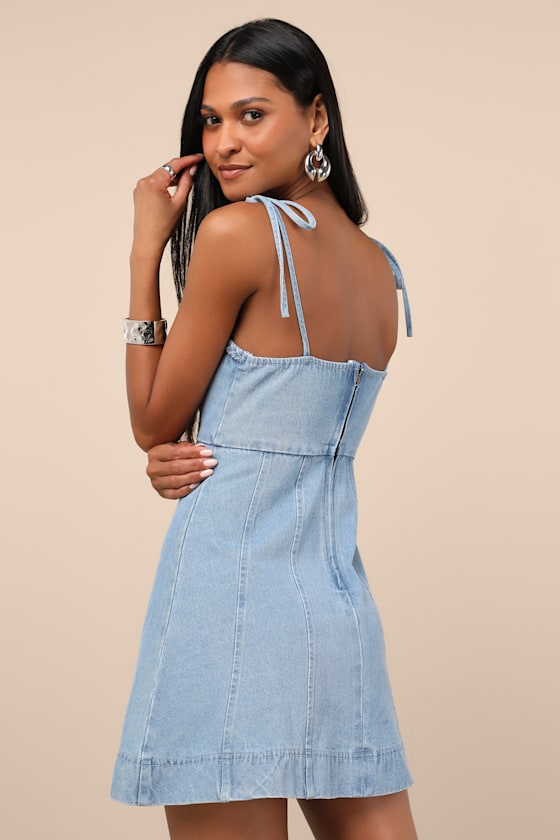 Kamda Light Wash Denim Tie-Strap Mini Dress