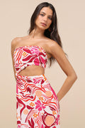 Zisel Ivory and Pink Floral Cutout Strapless Midi Dress