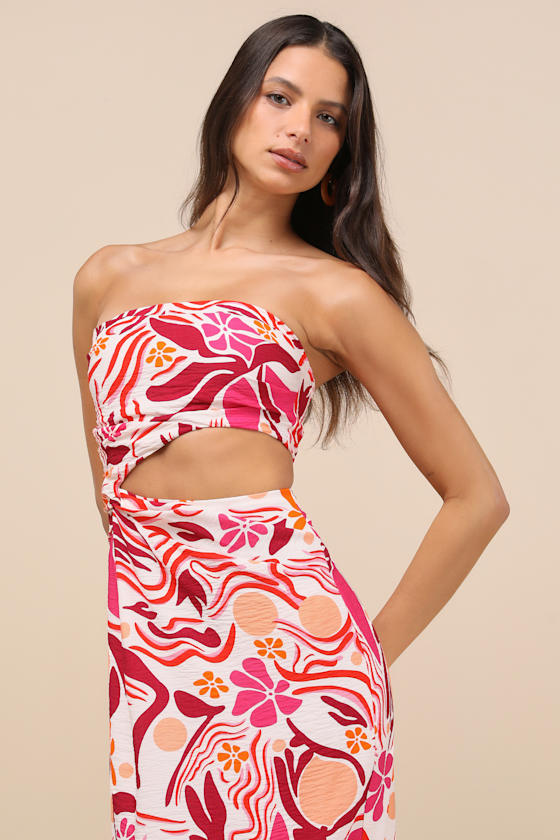 Zisel Ivory and Pink Floral Cutout Strapless Midi Dress