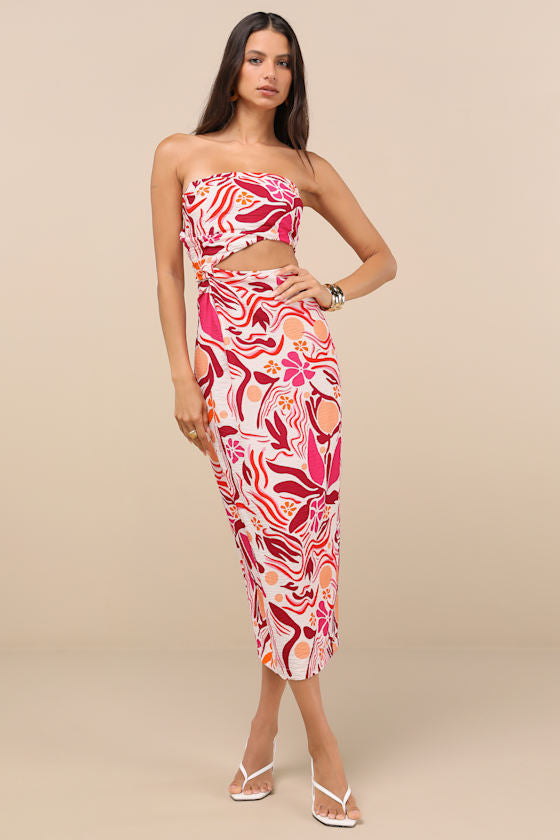 Zisel Ivory and Pink Floral Cutout Strapless Midi Dress