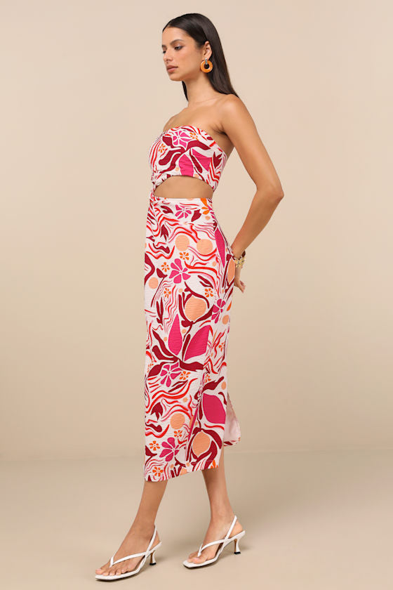Zisel Ivory and Pink Floral Cutout Strapless Midi Dress