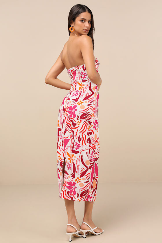 Zisel Ivory and Pink Floral Cutout Strapless Midi Dress