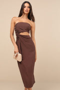 Zisel Brown Cutout Strapless Midi Dress