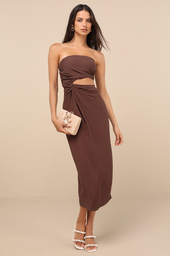 Zisel Brown Cutout Strapless Midi Dress