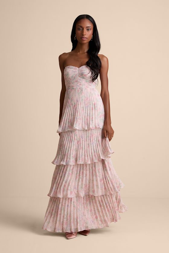 Seriously Sensational Blush Floral Strapless Tiered Maxi Dress