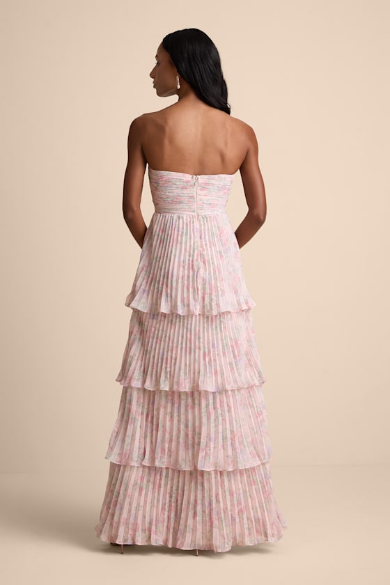 Seriously Sensational Blush Floral Strapless Tiered Maxi Dress