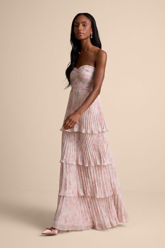 Seriously Sensational Blush Floral Strapless Tiered Maxi Dress