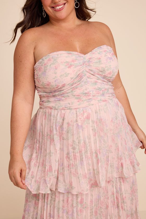 Seriously Sensational Blush Floral Strapless Tiered Maxi Dress