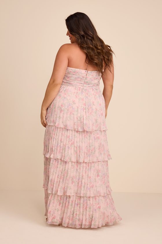 Seriously Sensational Blush Floral Strapless Tiered Maxi Dress