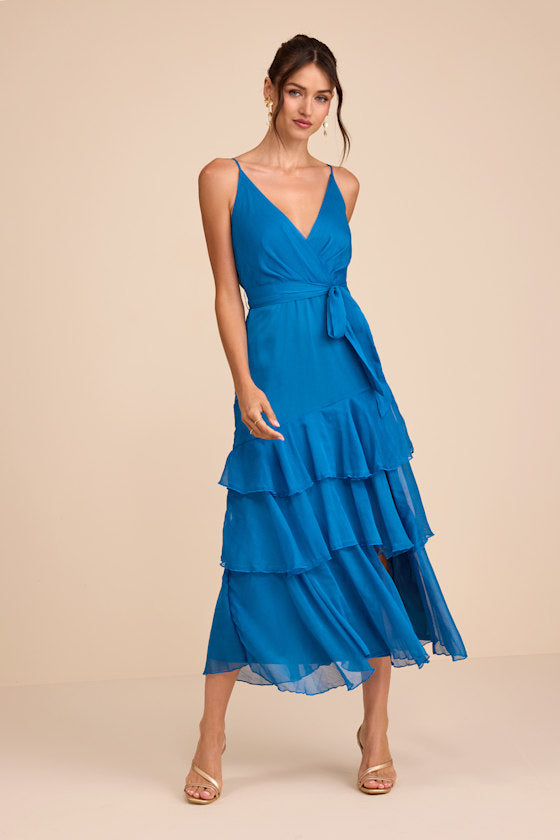 Ashanti Bright Blue Surplice Tiered Midi Dress