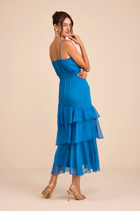 Ashanti Bright Blue Surplice Tiered Midi Dress