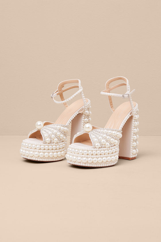 Astrella White Pearl Rhinestone High Heel Sandals