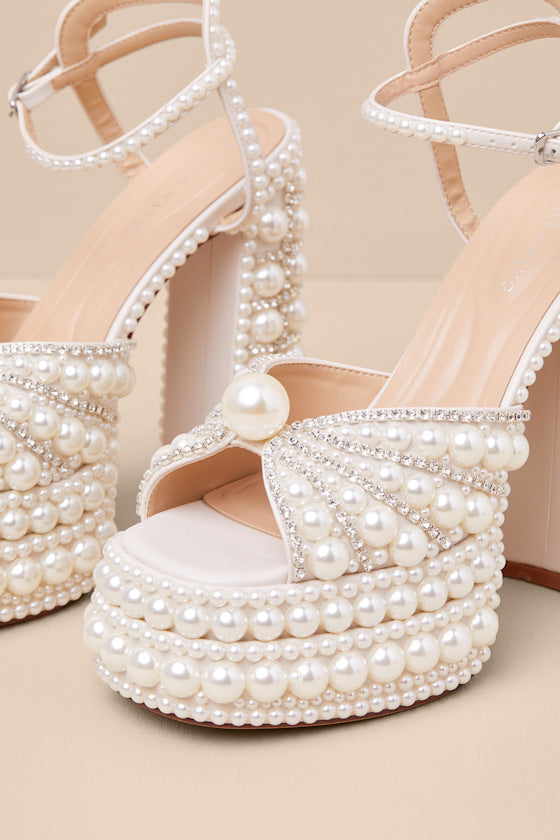 Astrella White Pearl Rhinestone High Heel Sandals