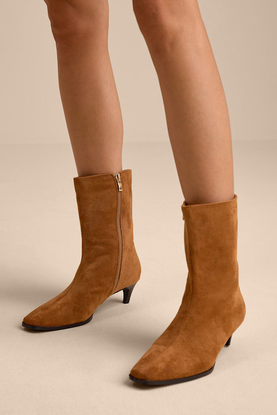 Carla Cognac Suede Kitten Heel Mid-Calf Booties
