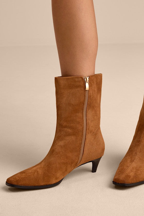 Carla Cognac Suede Kitten Heel Mid-Calf Booties