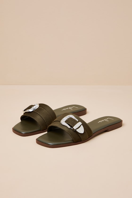 Nyomi Olive Suede Buckle Slide Sandals