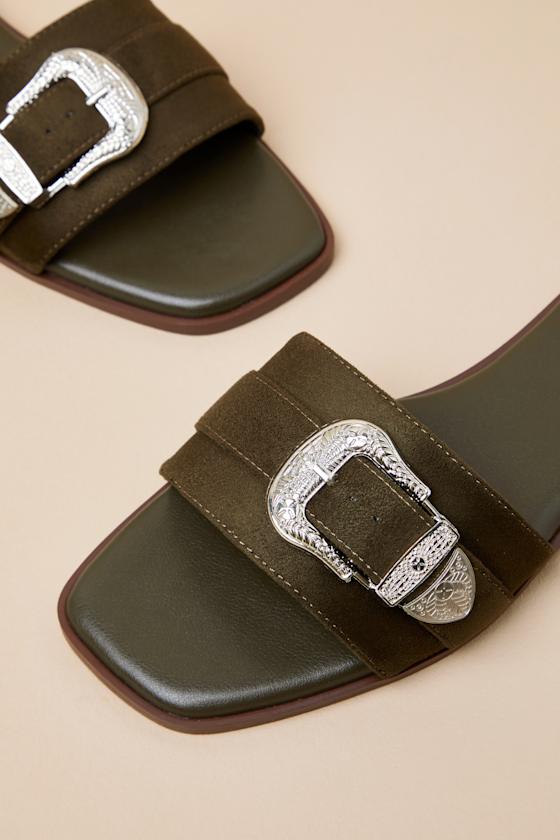 Nyomi Olive Suede Buckle Slide Sandals