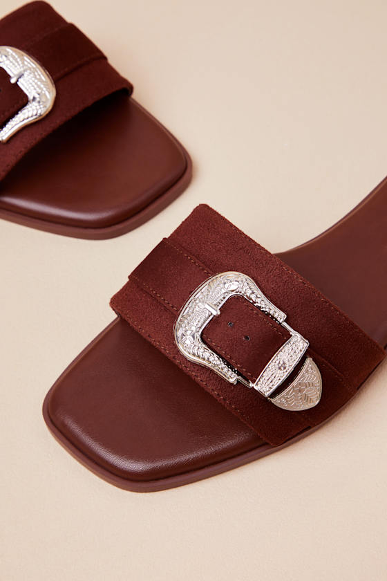Nyomi Brown Suede Buckle Slide Sandals