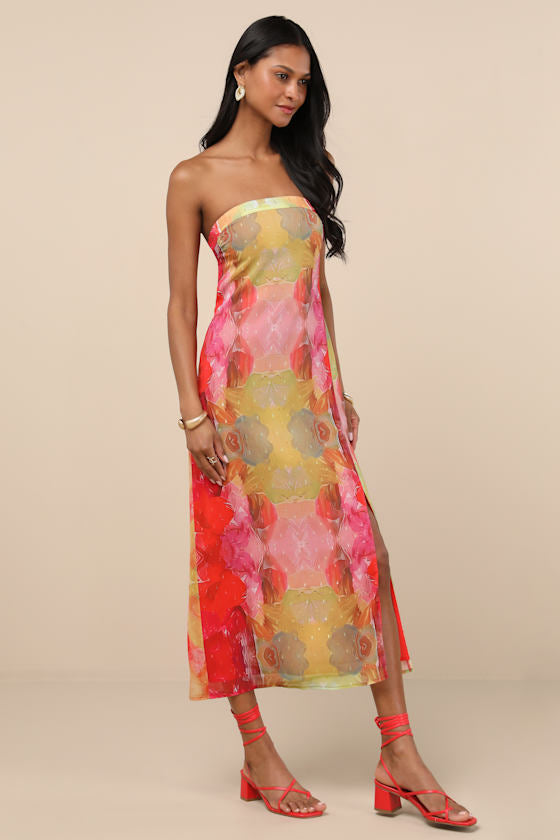 Bethany Pink Multi Clip Dot Strapless Cutout Midi Dress