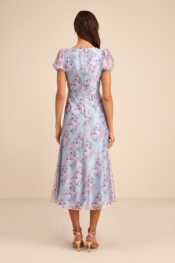 Darcy Light Blue Floral Puff Sleeve Midi Dress
