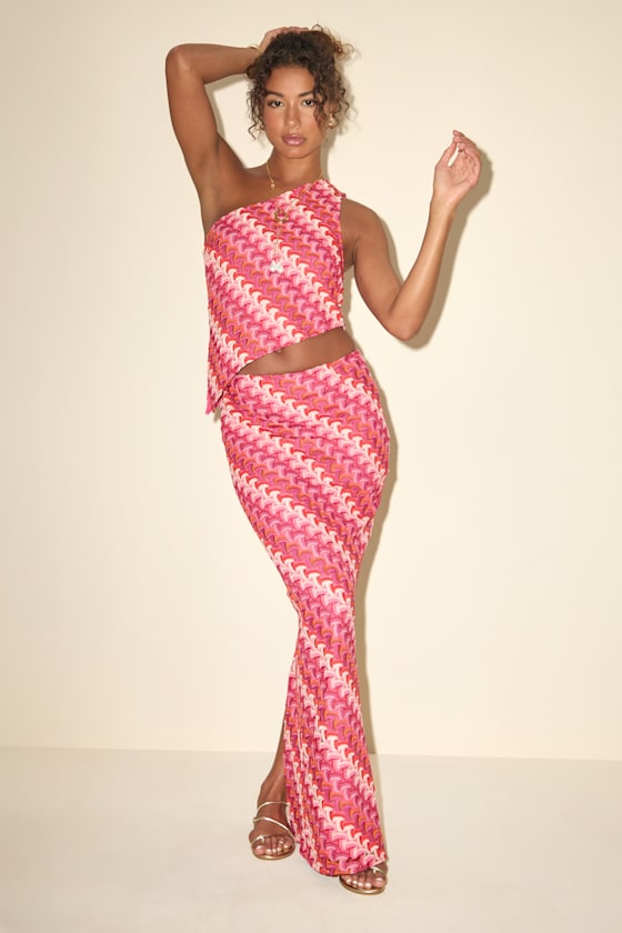 Fiala Pink Multi Crochet Chevron Mermaid Maxi Skirt