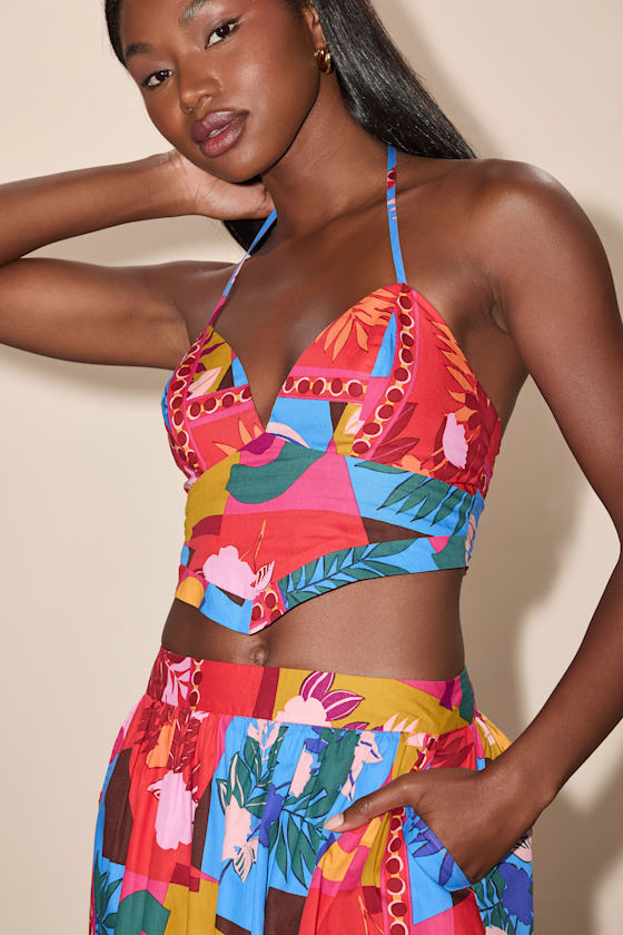 Beatriz Red Multi Floral Print Halter Crop Top