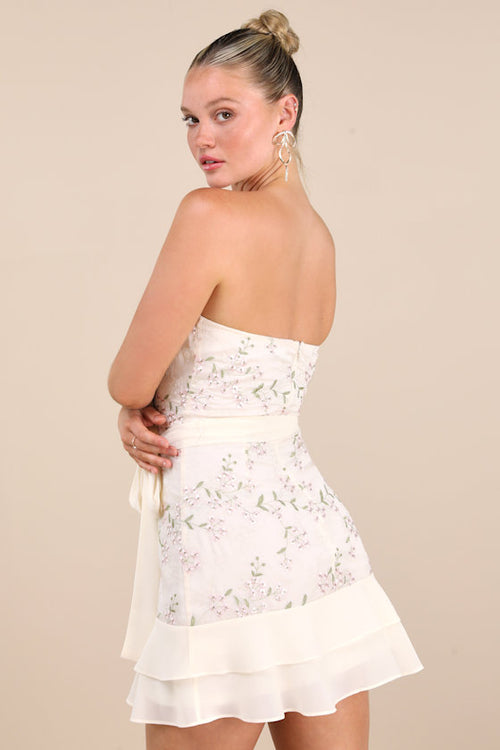 Vallea Cream Floral Embroidered Strapless Mini Dress